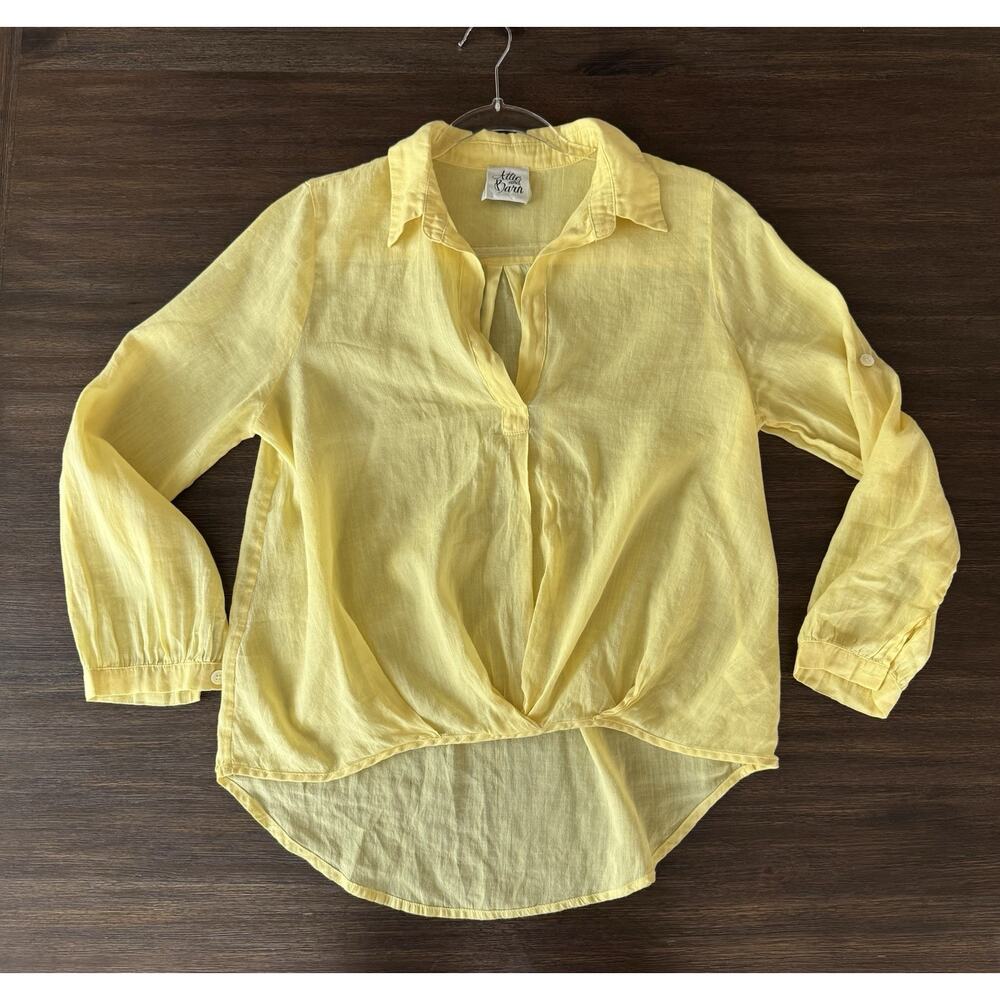 Attic And Barn Ramie Shirt Blouse Womens S/M Relaxed Yellow Roll Tab Sleeve EU40